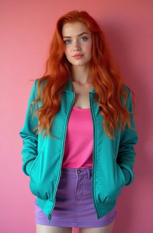 Prompt: (Patrick Nagel style photo) 80s redhead woman, sparkling blue eyes, long wavy hair, angular face, wearing a teal bomber jacket, fuchsia tee, purple miniskirt, curvy figure, (pastel backdrop), bright light, cheerful ambiance, ultra-realistic, high detail & quality, (professional photography), vibrant colors, 8K resolution, dynamic composition, nostalgic vibe, playful and lively atmosphere.