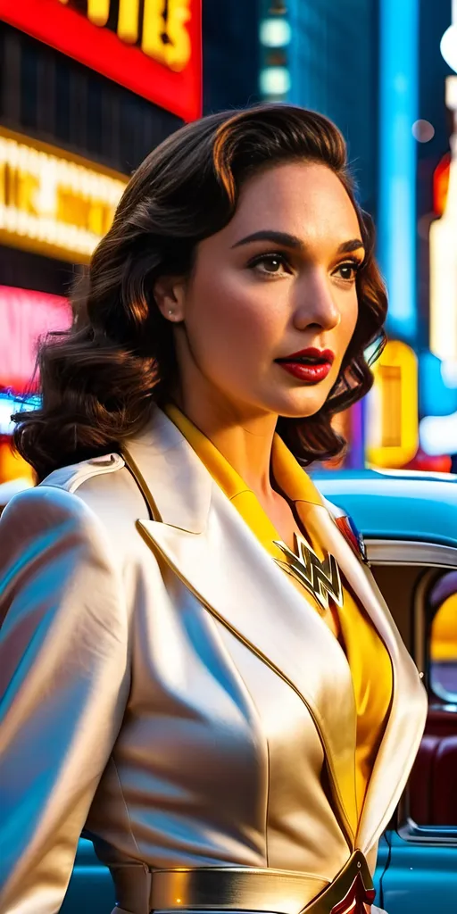 Prompt: Vintage cinematic nightscape of Wonder Woman|(Gal Gadot|Lynda Carter) in white business suit, yellow 1940s taxicab, New York Times Square, auburn hair, blue-eyed, detailed face, bosomy curvy figure, 8K photo, vintage style, classic outfit, intricate details, cinematic lighting, glamorous, iconic, 1940s setting, detailed cinematic scene, elegant, vintage Wonder Woman