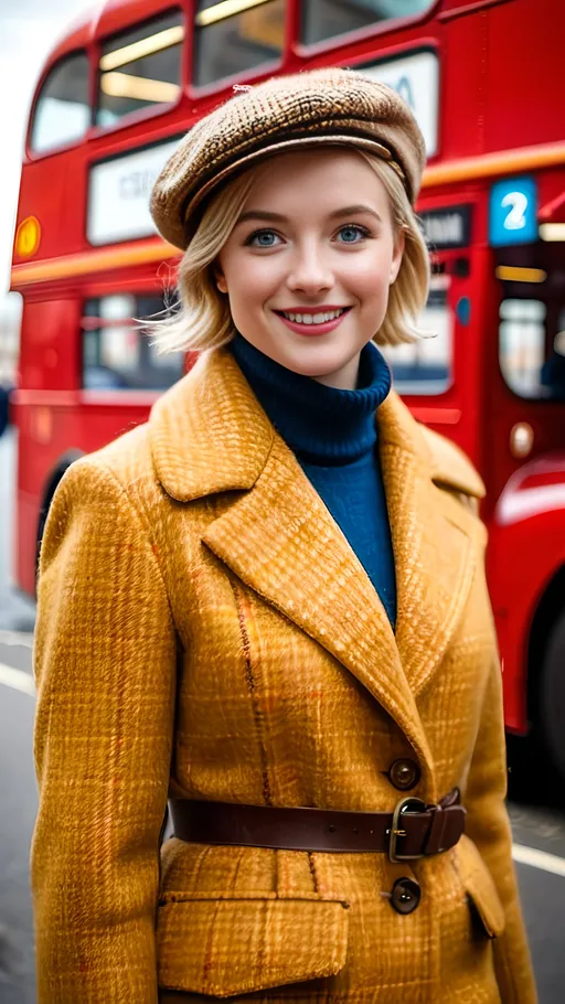Prompt: 8k photo of a young woman, short blonde hair, blue eyes, beautiful square face, stepping off a red London bus, yellow tweed coat, flat cap, white turtleneck sweater, brown tweed skirt, brown leather boots, high street, smile, professional photography, detailed facial features, elegant, classic, sophisticated, vintage, natural lighting, warm tones, best quality, tweed fashion, London street scene, stylish