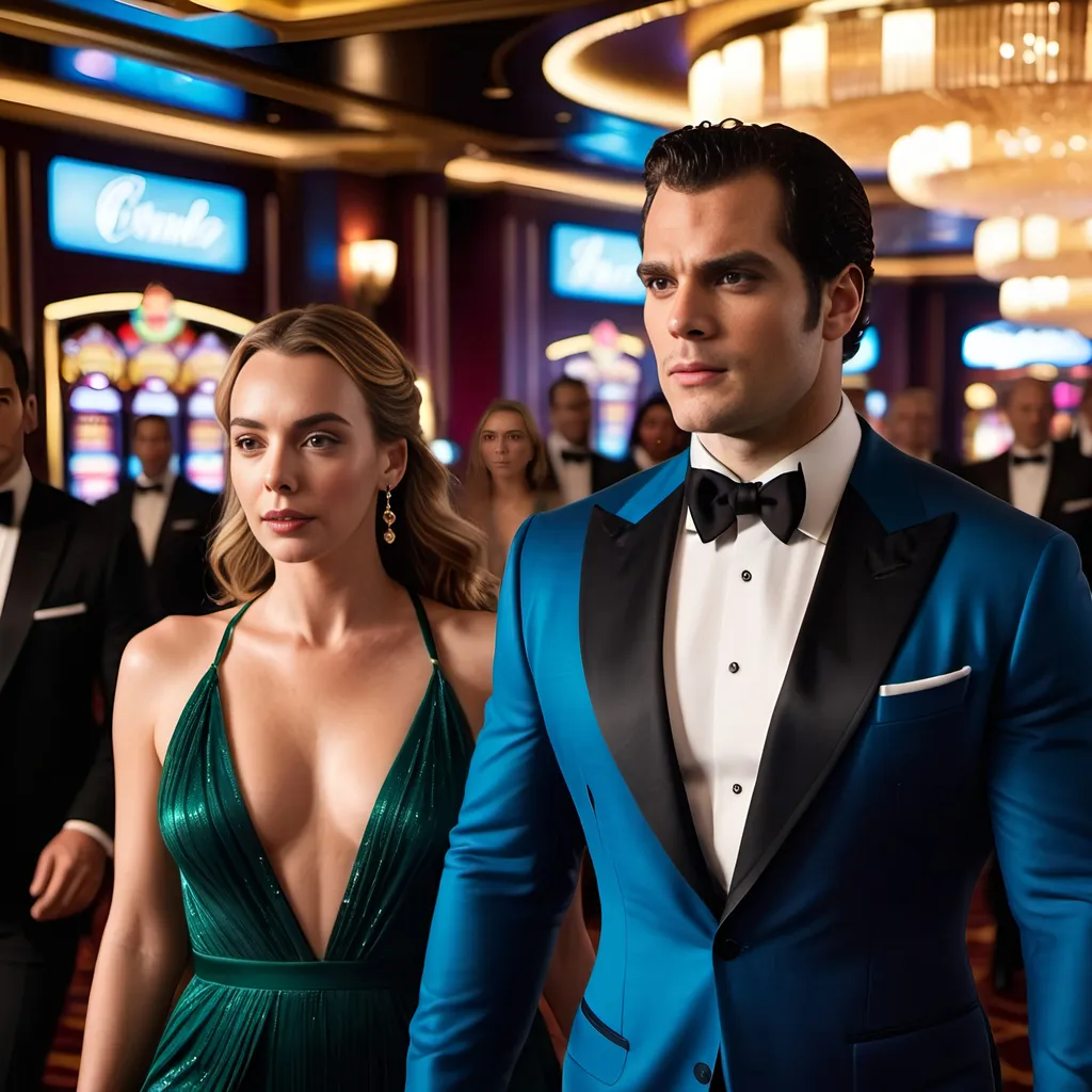 Prompt: Cinematic 8k photo of Henry Cavill and Jodie Comer walking into an elegant crowded casino, modern formal attire, dramatic scene, espionage, high style, photorealism, high definition, crowded setting, detailed expressions, intense focus, luxury ambiance, sophisticated lighting