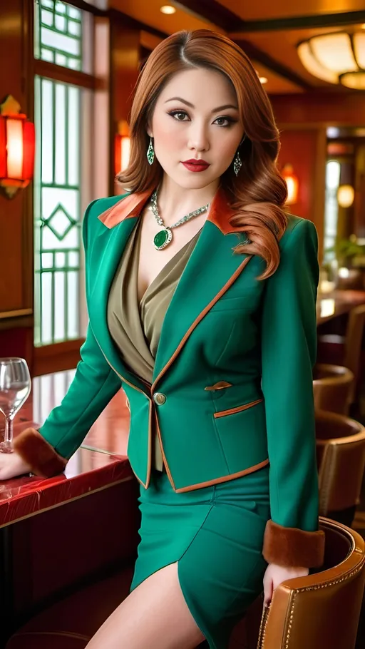 Prompt: Japanese model in elegant art deco restaurant, high-res photo, curvaceous figure, red jewel neck blouse, elaborate emerald pendant, rust tweed jacket, khaki skirt, brown fashion boots, beautiful diamond face, long auburn hair, vibrant green eyes, sophisticated lighting, art deco interior, buxom physique, professional photography, high fashion, detailed makeup, vibrant colors, elegant atmosphere