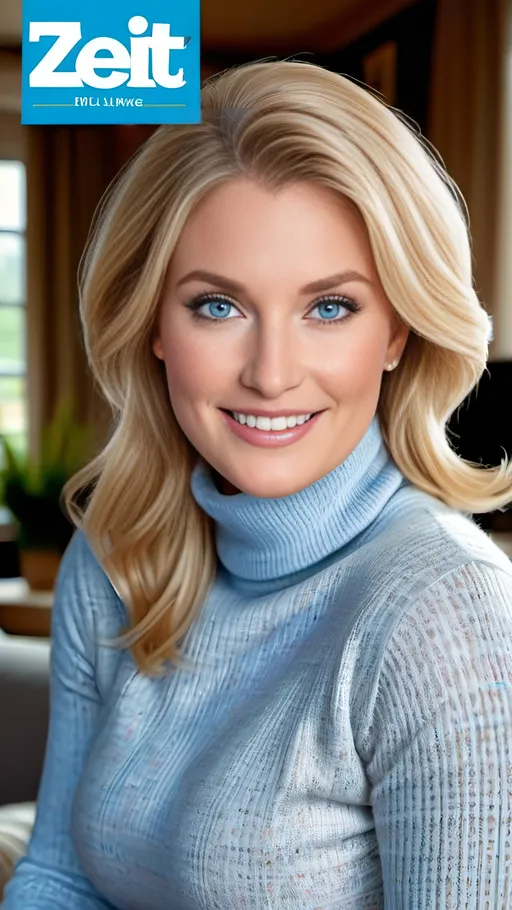 Prompt: 8K, bosomy, blue-eyed, blonde hair, intricate square face, smiling, cozy living room setting, white turtleneck sweater, blue tweed pencil skirt, high heels, cleavage emphasis, magazine cover, Zeit magazine, beautiful, plump:2.0 German woman, professional lighting, realistic, detailed eyes, high quality, cozy atmosphere