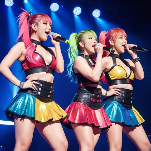 Prompt: J-Pop Idol group TURBO, curvaceous physique, colorful hair, matching outfits, singing on stage, high-res, detailed facial features, energetic performance, professional photography, stage lighting, colorful outfits, concert atmosphere, energetic, vibrant, detailed eyes, bright tones, professional, stage performance