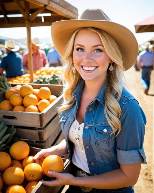 Prompt: Beautiful young woman, blonde hair, blue eyes, tan western hat, perfect diamond face, smiling, denim vest, chambray short sleeve shirt, fringe suede skirt, cowboy boots, holding a wooden tray of oranges at a roadside market stand, high-res, photo, warm lighting, detailed eyes, sunny, vibrant colors, bustling scene, detailed fruits & vegetables, dirt floor, outdoors, California roadside fruit stand