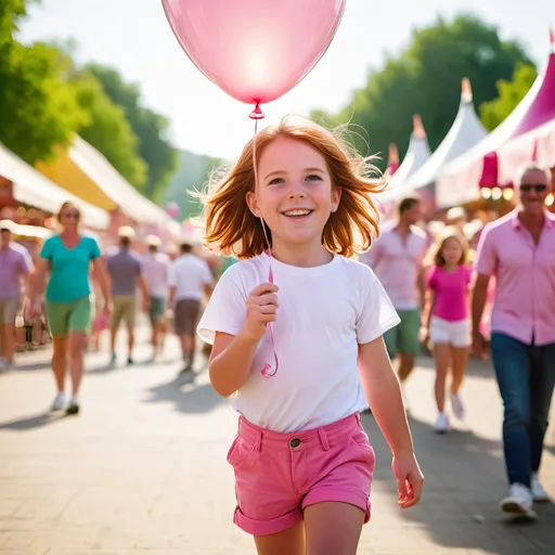 Prompt: Cute little girl holding one pink helium balloon on a string, auburn hair, green eyes, freckles, big smile, highly detailed face, white shirt, pink shorts, pink sneakers, walking at a crowded fair, outdoor setting, daylight, high-res, photo, cheerful, vibrant colors, sunny atmosphere, playful mood, crowded environment, joyful expression, perfect hands
