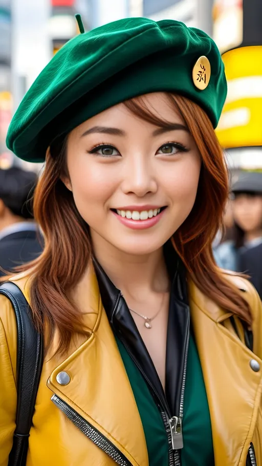 Prompt: Beautiful Japanese woman, auburn hair, green-eyed, intricate round shaped golden-ratio face, yellow blouse & beret, black leather jacket skirt & boots, smile, standing with Shibuya Crossing Tokyo in background, 8K photo, detailed face features, realistic, natural beauty, landmark, Tokyo fashions, crowded bustling scene, vibrant colors, natural lighting