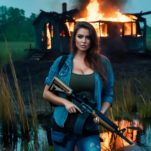 Prompt: <mymodel> Beautiful caucasian woman, filthy & tattered cropped top & jeans, holding assault rifle, ((smudged & dirty face)), perfect face, standing in swamp with feet apart, burning cottage in background, reeds, misty, night time, 8K photo, cinematic, apocalyptic, horror, dim light.