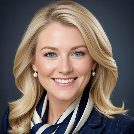 Prompt: professional head & shoulders portrait of a beautiful business woman, thick blonde hair, blue eyes, modest pearl jewelry, intricate square face, demure smile, navy pinstripe suit, geometric color-block silk scarf, highres, professional, detailed hair, elegant attire, sophisticated lighting