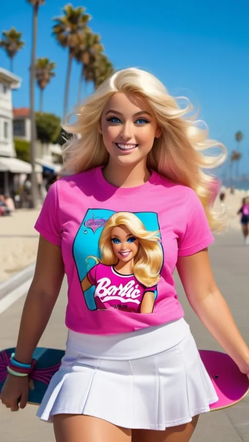Prompt: Photo of cosplayer California Barbie girl, curvy figure, windblown blonde hair, vibrant blue eyes, age 21, natural suntanned skin tone, realistic, detailed textures, in pink "Barbie" tee, white tennis skirt, rainbow skateboard, skateboarding on the Venice Beach sidewalk, arms outstretched, smiling, photo, high-res, daylight, vibrant colors, Californian vibe, detailed, realistic lighting, dynamic action, fluid movement, detailed skateboard, intricate face details, pink "Barbie" tee shirt