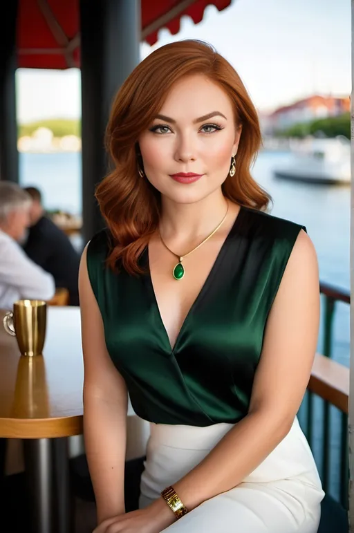 Prompt: Beautiful eurasian woman, flawless round face, vibrant green eyes, short auburn-red hair, almond shaped eyes, prominent cheekbones, gold jewelry, black satin blouse,  white linen slacks, black pumps, waterfront cafe setting, professional photo quality, elegant style, vibrant colors, natural lighting, high-res, sharp focus, bustling scene.