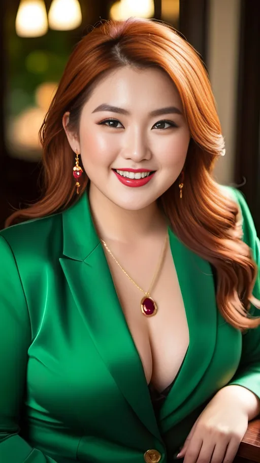 Prompt: Beautiful ivory-skin Japanese woman, flawless rosy complexion, age 25, ((vibrant green eyes)), coppery metallic orange hair, almond shaped eyes, upswept eyebrows, narrow square face, upturned nose, prominent cheekbones, plum glossy lipstick, big smile, ruby pendant, ruby earrings, red linen blazer, low-cut white silk blouse, 8k, professional photo, chubby plump body, bosomy physique, deep cleavage, elegant, detailed eyes, luxurious, high fashion, portrait, vibrant colors, romantic lighting, green eyes, large dimples