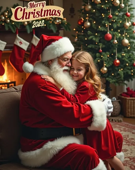 Prompt: Norman Rockwell style Christmas postcard of Santa Claus hugging a beautiful young cinnamon-blonde girl in a cozy living room decorated for the holiday with stockings on the fireplace mantle and a huge lighted tree with ornaments. Whimsical holiday spirit, well lit, high detail & quality, 8k, text banner arched across top of image reads “Merry Christmas 2024”.