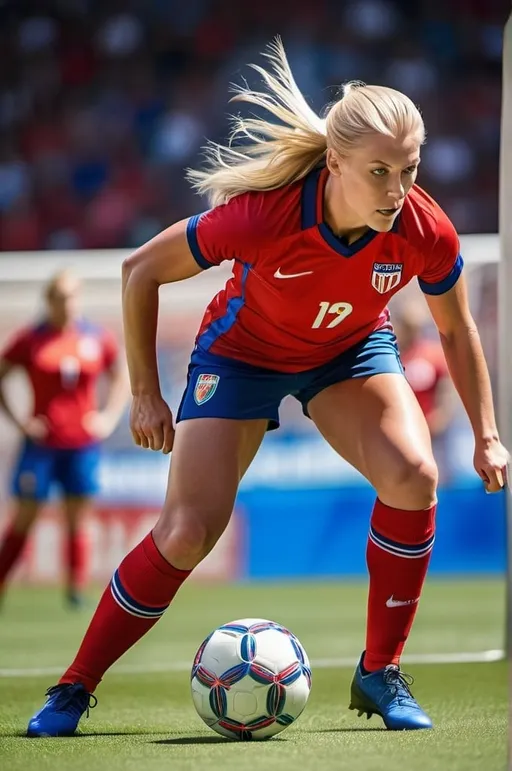 Prompt: Professional sports photography of a tall, athletic blonde woman in a red & blue uniform lining up a soccer penalty shot, long flowing hair, muscular legs, bright sunny day, high-res, detailed muscle definition, focused expression, dynamic action, vibrant colors, sporty, realistic lighting