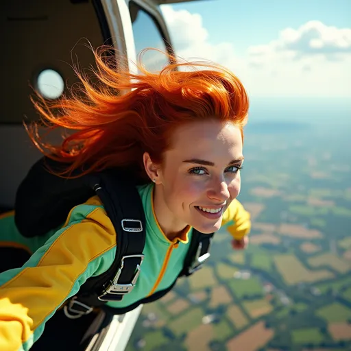 Prompt: Beautiful (Caucasian woman), flame red hair, wearing a yellow and light green jumpsuit with silver trim, black parachute harness, skydiving out of a plane, (plane door backdrop), rolling farmland below, vibrant sunny day, wispy clouds, (high detail & quality), 8K resolution, professional photography style, dramatic composition, exhilarating atmosphere, ultra-realistic lighting, emphasizing action and motion.