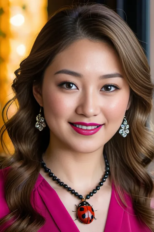 Prompt: Photo of a Japanese woman, age 22, ((long wavy light-chestnut hair, light gray eyes)), diamond face, narrow upturned nose, arched eyebrows, rosy makeup, bright red lipstick, ((ruby & obsidian lady bug pendant necklace)), fuchsia silk blouse with black collar, high-res, professional lighting, smile, floral arch background, vibrant colors, intricate face details, highly detailed jewelry, professional portrait
