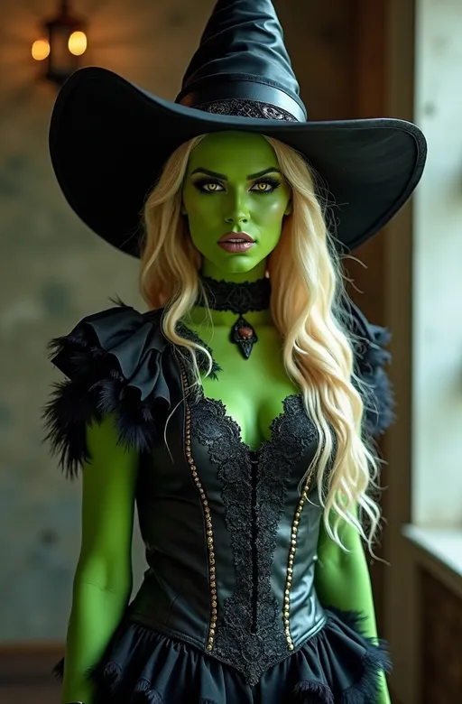 Prompt: Stunningly beautiful blonde woman in elaborate halloween costume as the Wicked Witch from the Wizard of Oz. Flawless green skin, bright yellow eyes, (gorgeous diamond face), feminine physique, dark lace & leather tabard vest  with black feather details and leather skirt, (devilish sneering smile), high detail & quality, 8k, pro photo, dramatic light.