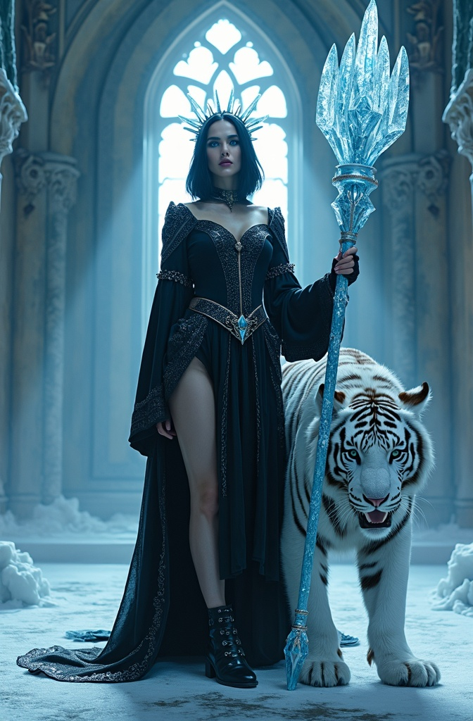 Prompt: Cinematic photo of Mab, Queen of Winter & Darkness, (high detail, 8k), standing in an ornate ice throne room, striking (dark blue eyes), beautiful rectangle face, (pale white skin), short black hair with blue highlights, (curvy figure, long legs), stunning outfit: black leather dress, black fashion boots, adorned with obsidian jewels, dramatic dark makeup, wearing a crown of blue ice crystals, holding a long icicle scepter with silver lacework, fierce white snow tiger at her feet, (bright light) illuminating the scene, (ultra-quality, photorealistic) style, evoking a powerful and captivating atmosphere in a frost-covered realm.