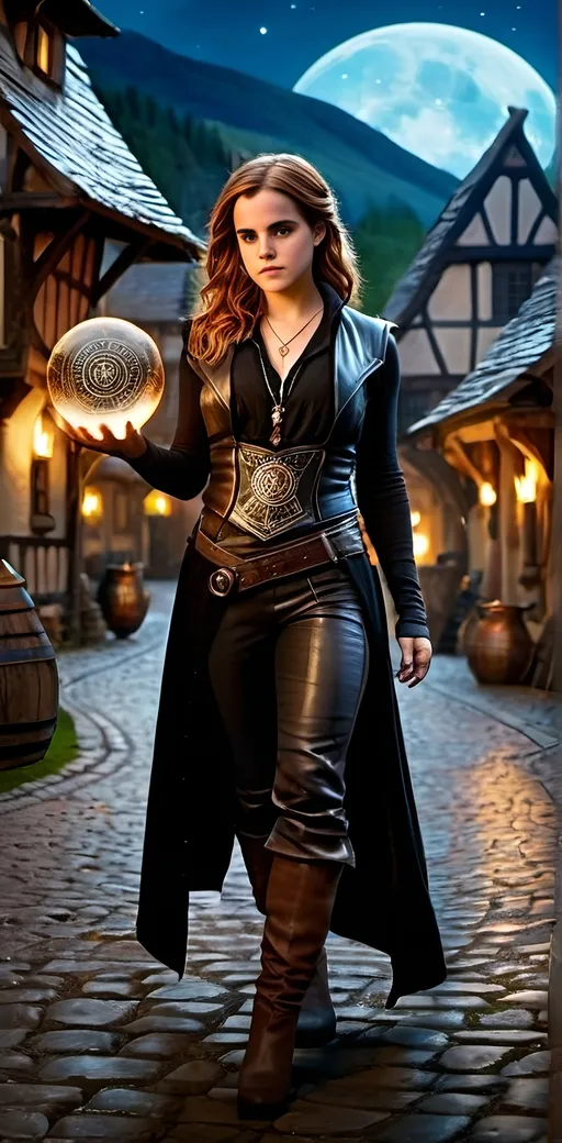 Prompt: ((Statuesque buxom curvaceous)) Sorceress.8|Emma Watson, long chestnut hair, wearing black leather vest with runic symbols, black blouse, linen slacks, boots, holding a glowing glass orb, standing in moonlit village square, 8k photo, high-res, detailed, fantasy, moonlit, sorceress, buxom, curvaceous, runic symbols, black attire, magic orb, village square, atmospheric lighting, professional