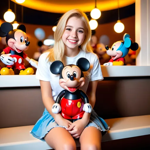 Prompt: Cute teenage girl in white tee shirt & miniskirt, happy smiling, sitting with Mickey Mouse doll, 8k photo, vibrant, realistic, detailed, modern, cute, blonde, cheerful, high-res, detailed facial expression, casual, comfy, bright lighting, cozy atmosphere