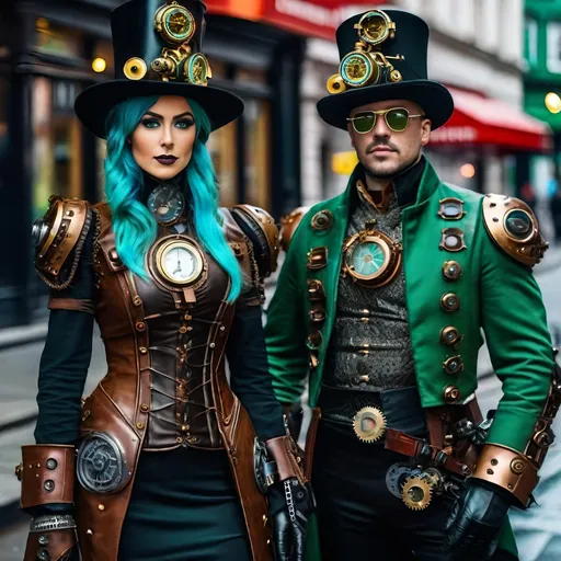 Prompt: 8K photo, cinematic, retro sci-fi, steampunk robot soldiers led by a beautiful steampunk woman, leather, top hat,  blue eyes, green hair, clockwork gears, brass, glass, wires, gauges, buttons, in a London street, high detail.