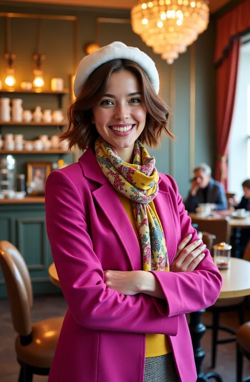 Prompt: Stunningly beautiful young woman, (piercing green eyes), short chestnut hair in chic shag cut, big smile, fuchsia jacket, paisley scarf, white beret, saffron blouse, tweed skirt, fashion boots, (elegantly standing) in a stylish tea shoppe, luxurious ambiance, warm lighting, ornate decor, exquisite details, inviting atmosphere, (high detail & quality), (8k resolution), photorealistic, pro photo, (high-end fashion).