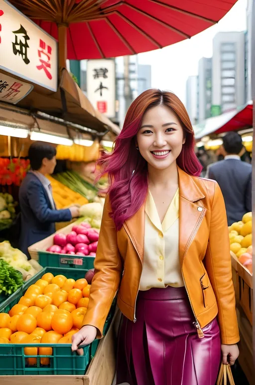 Prompt: Beautiful Japanese woman, smile, long (auburn-magenta tinted hair), red & orange color-blocked leather jacket, yellow blouse, white pleated skirt, tan leather sandals, curvaceous figure, shopping in a Tokyo vegetable market, daytime, bustling and crowded market scene, vibrant colors, lively and energetic atmosphere, detailed vendor stalls filled with fresh produce, city backdrop with tall buildings, bright natural sunlight, mood of everyday life, photorealistic, professional photo, high-res, ultra-detailed.