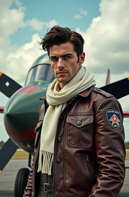 Prompt: photorealistic vintage photo, (handsome pilot) with dark hair, (blue eyes) and a square face, dressed in a (leather jacket) and (white scarf), preparing for flight, standing confidently in front of a (retro-futuristic fighter plane) against a dramatic, (cloudy sky), adorned with (military insignia), evoking a sense of historical adventure, (highly detailed), (8K), (pro photo quality), cinematic vibe.