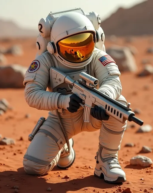 Prompt: Cinematic photo of a (rugged Astro-Marine trooper) in (white spacesuit uniform) and (helmet with reflective gold visor), (crouching pose) with (white & silver laser rifle), detailed (unit patch on shoulder), (Mars landscape backdrop) of red terrain and scattered rocks, (dramatic shadows), (high quality, 8K resolution), (ultra-detailed textures), imbued with a sense of action and intrigue.