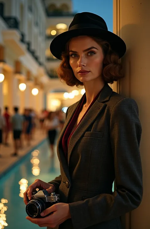 Prompt: Cinematic photo portrait, (famous American Detective Samantha Spade) standing next to a column, holding a small camera, gorgeous square face, chestnut hair, intense gaze, grand art deco hotel courtyard, crowded with people in casual tropical attire, large fountain, nautical-themed decor, potted palms, vibrant 1930s vintage vibe, elegant atmosphere, she wears a dark gray and maroon suit, black fedora, high detail, ultra-detailed, night scene, muted lighting, dramatic shadows, 8k.