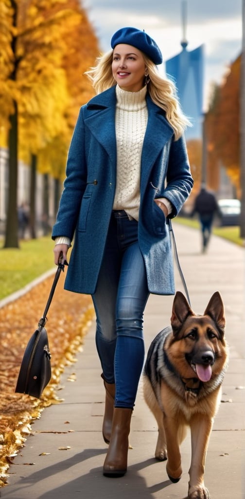 Prompt: Beautiful blonde woman walking her german shepherd dog, Berlin park, skyline background, intricate square face, blue tweed coat, white sweater, jeans, boots, blue beret, leather leash, daylight, high-res, realistic, detailed, urban, elegant, natural lighting, detailed facial features, realistic fur textures, stylish, fashionable, serene atmosphere