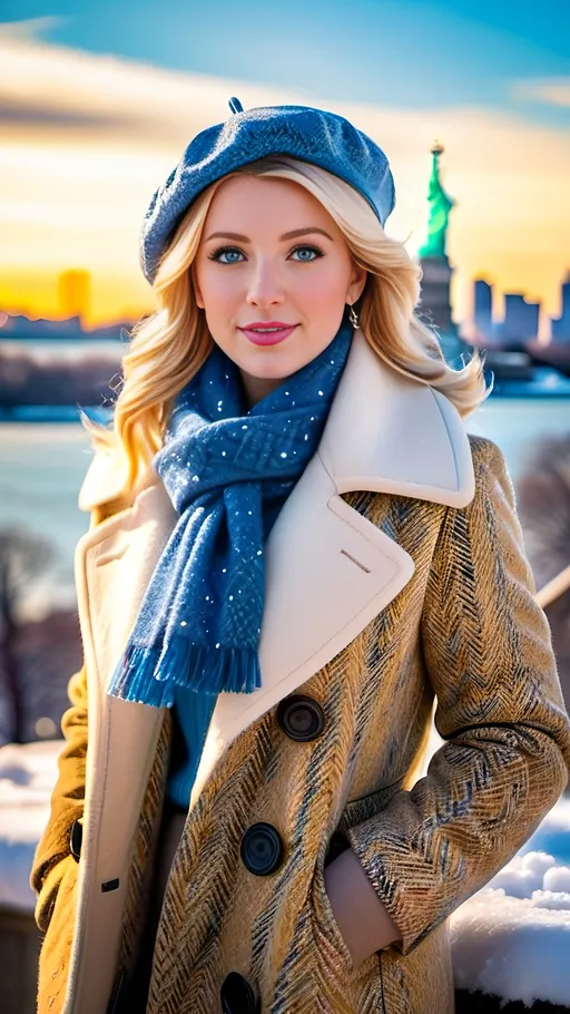 Prompt: Beautiful woman, 25 years old, blonde hair, blue-eyed, intricate diamond face, upturned nose, rosy skin, yellow tweed coat, beret, white sweater, blue tweed skirt, brown leather boots, crowded snow-covered plaza, Statue of Liberty in background, 8k photo, detailed eyes, professional, realistic, vibrant colors, bustling city lights, snowy scene