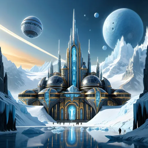 Prompt: Realistic Ralph McQuarrie style digital painting of an icy glacial alien planet, huge ornate futuristic palace formed of ice, icy mountains, large gray and black starship landing, cerulean sky, golden hour lighting, highres, ultra-detailed, futuristic-sci-fi, icy blue tones, detailed palace architecture, ornate design, professional, golden hour lighting