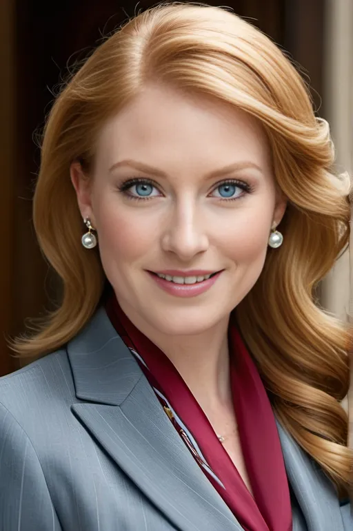 Prompt: professional profile of a beautiful business woman, thick strawberry blonde hair, almond-shaped blue eyes, arched eyebrows, modest pearl jewelry, intricate diamond face, upturned nose, demure smile, burgundy pinstripe suit, geometric pink-cream silk scarf, highres, professional, detailed hair, elegant attire, sophisticated lighting