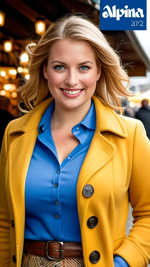Prompt: Beautiful curvy German woman ((on "Alpina" magazine cover)), 8K photo, bosomy:2.0, plump:2.0, blue-eyed, blonde hair, intricate square face, smiling, Outdoor market setting, yellow tweed coat, blue sweater, brown tweed pencil skirt, brown boots, cleavage emphasis, magazine cover, professional lighting
