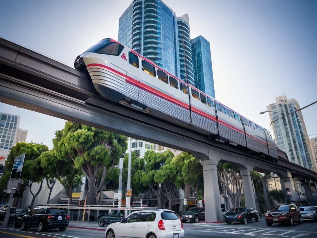 Prompt: photo of a Sleek modern monorail gliding on an elevated track, above a bustling crowded Los Angeles street, high-res, ISO 150, Fuji Film, urban, dynamic composition, Downtown Los Angeles, sophisticated lighting, palm trees, detailed urban environment, Los Angeles skyline