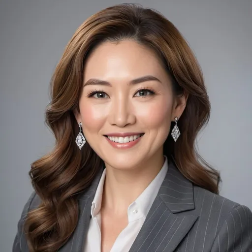 Prompt: Professional head & shoulders portrait, Japanese woman age 35, long wavy chestnut hair, ((gray eyes)), arched eyebrows, intricate diamond shaped face, petite upturned nose, professional makeup, high quality, detailed, realistic, head & shoulders, elegant pinstriped gray suit, confident expression, professional lighting, high-res, simple crystal earrings, subtle smile