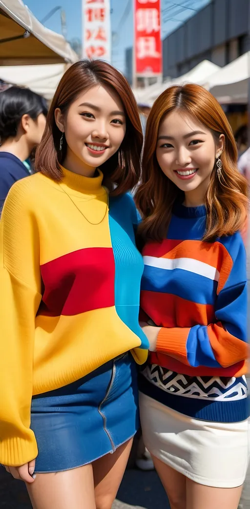 Prompt: Two curvaceous Japanese models in geometric color-blocked sweaters, denim miniskirts, and sneakers, walking in an open air flea market in Tokyo, high-res photo, bright and vibrant, street fashion, modern, detailed diamond faces, long thick auburn hair, smiling, shapely legs, bosomy, youthful energy, colorful outfits, joyful expressions, urban setting, trendy, sunny day, vibrant colors, dynamic composition, detailed clothing, modern street style, high quality, sharply focused faces, energetic, bustling atmosphere