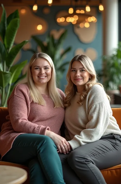 Prompt: Photorealistic tight shot of a chic mid-century modern style office lobby, featuring luxurious details such as large potted plants, vibrant wall sculptures, and stylish mid-century furniture. Featuring close-up focus on Several exceptionally beautiful overweight young Caucasian ladies with (bosomy buxom physiques) & (light colored hair), professional casual attire with cozy sweaters and tailored slacks sitting in the lobby conversing cordially, capturing the upbeat facial expressions exuding a warm ambiance. Soft, natural lighting enhances the inviting atmosphere. Ultra-detailed, showcasing textures and colors that harmonize with the elegant design, in richly detailed and high quality 8k photography.