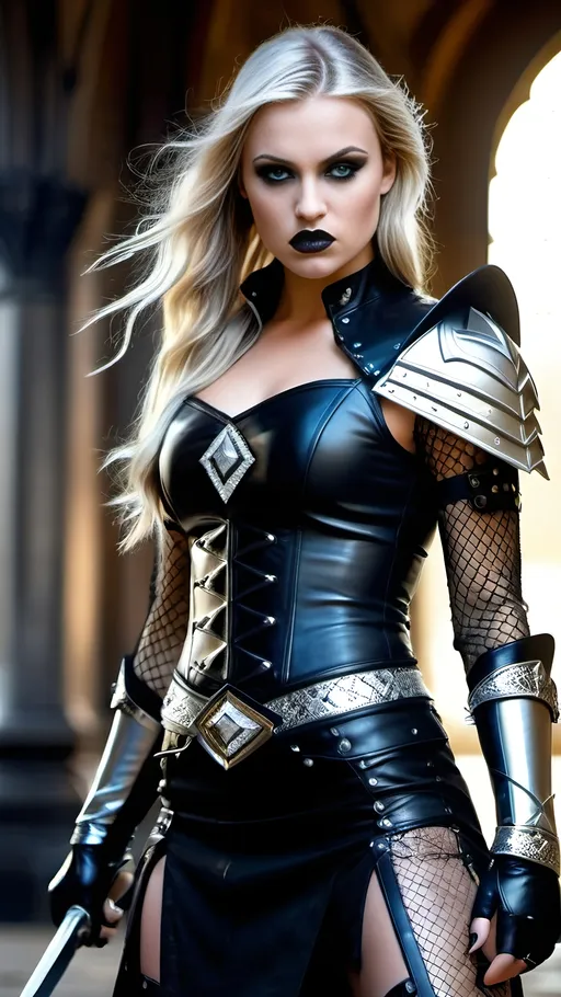 Prompt: Beautiful blonde valkyrie warrior woman, age 22, blue-eyed, intricate diamond face, dark goth makeup, silver mesh, black bustier, leather shoulder pads, half-sleeves, gold gauntlets, black, grey miniskirt, silver leggings, leather boots, standing in a fighting pose, 8k photo, detailed eyes, fierce expression, realistic, gothic, highres, intricate details, dynamic pose, dramatic lighting