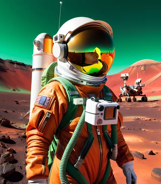 Prompt: Female astronaut in yellow and green space suit, orange helmet, scientific probing tool, equipment backpack with radio antennae, barren red rocky Mars landscape, rover vehicle in background, red clouds in the sky, 8k photo, high detail, futuristic-futuristic style, Martian exploration, detailed spacesuit, professional lighting, vibrant colors
