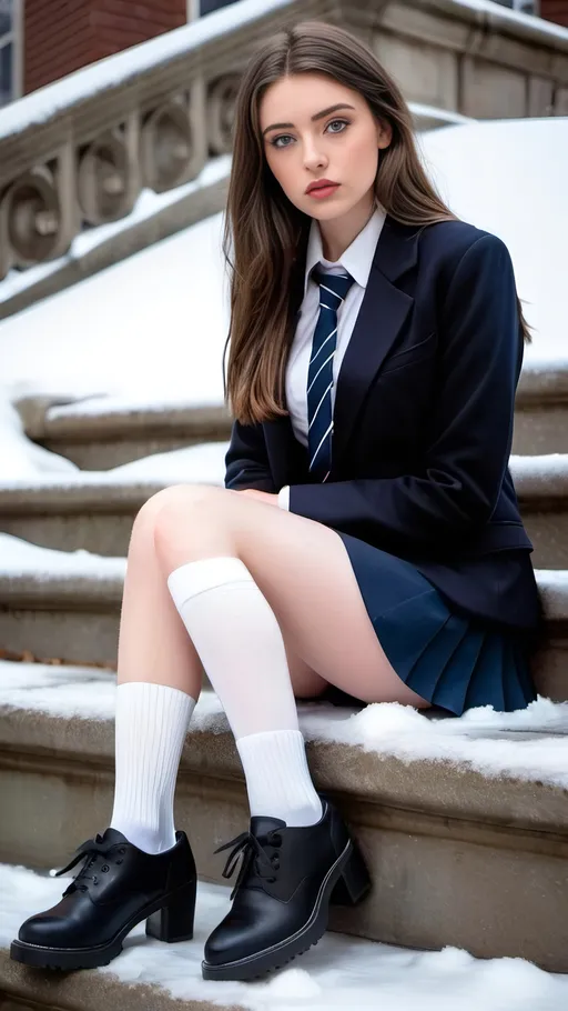 Prompt: tall attractive cute brunette schoolgirl, blue eyes, stunning golden-ratio face, long shapely legs, pale skin, ankle-length white socks, flat black shoes, short black pleated skirt, navy blazer & tie, sitting on outdoor concrete steps, icy snowy scene, unhappy expression, 8k photo, detailed, realistic, winter, outdoor, schoolgirl, snowy, icy, granite bench, pale skin, long legs, black shoes, detailed eyes, cold atmosphere