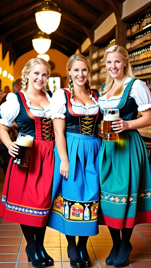 Prompt: Bavarian beer hall scene with three tall buxom curvy German women, intricate square face, blue eyes, long blonde side tail hair, colorful dirndl uniform, black shoes, carrying trays filled with steins of beer and pretzels, happy joyous, 8k photo, traditional, detailed, vibrant colors, joyful expression, realistic, high quality, detailed hair, attractive design, professional lighting, traditional attire