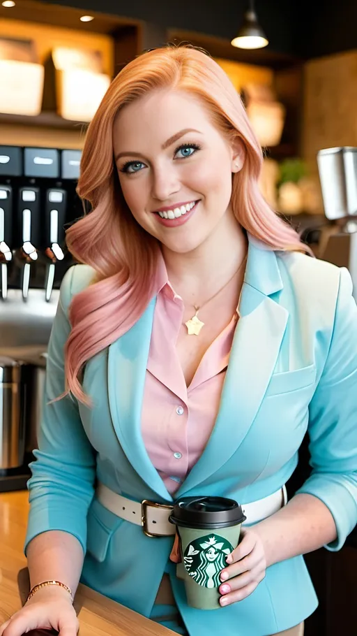 Prompt: Curvaceous Beautiful woman with chubby round face, dimples, blue eyes, long strawberry blonde hair, pink blazer, light blue blouse, khaki pencil skirt, white leather belt and sandals, getting coffee at Starbucks counter from a Barista, high-res, pro photo, sophisticated, round-faced, blue-eyed, chic outfit, professional, blue and pink color palette, natural lighting, sharp focus, ample physique, soft plump figure, high detail, high quality