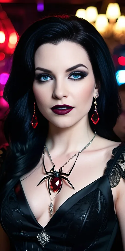 Prompt: Beautiful female vampire, pale white skin, magenta|black hair, luminous blue eyes, intricate diamond face, prominent cheekbones, intense gaze, sinister smile,  opulent figure, black v-front cocktail dress, black boots, ((large spider pendant with ruby jewel)), red lipstick, standing in a busy crowded nightclub, 8K photo, highres, detailed, gothic, vampiric, intense eyes, sleek design, professional, dramatic lighting