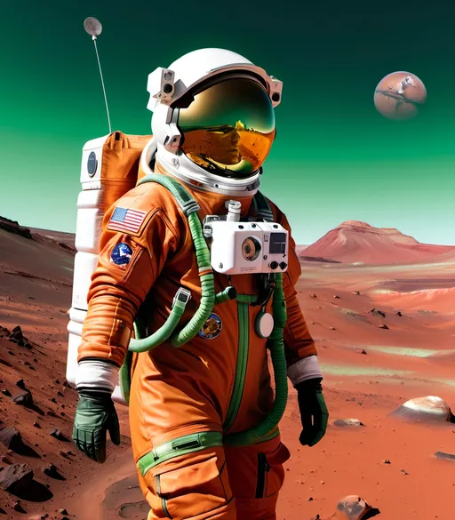 Prompt: female astronaut in yellow and green space suit, orange helmet, scientific probing tool, equipment backpack with radio antennae, walking on Mars, rover vehicle in background, barren red rocky landscape, red clouds in sky, 8k photo, high detail, photorealism, Mars exploration, detailed spacesuit, scientific equipment, barren landscape, realistic colors, rocky terrain, atmospheric red clouds, astronaut exploration, professional lighting