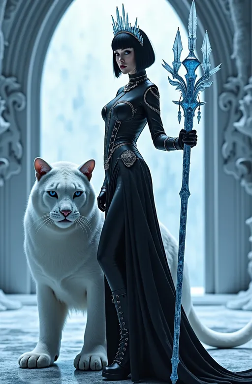 Prompt: Cinematic photo of Mab, Queen of Winter & Darkness, (high detail, 8k), standing in an ornate ice throne room, striking (dark blue eyes), beautiful rectangle face, (pale white skin), short black hair with blue highlights, (curvy figure, long legs), stunning outfit: black leather dress, black fashion boots, adorned with obsidian jewels, dramatic dark makeup, wearing a crown of blue ice crystals, holding a long icicle scepter with silver lacework, giant fierce white snow cat-demon at her feet, (bright light) illuminating the scene, (ultra-quality, photorealistic) style, evoking a powerful and captivating atmosphere in a frost-covered realm.