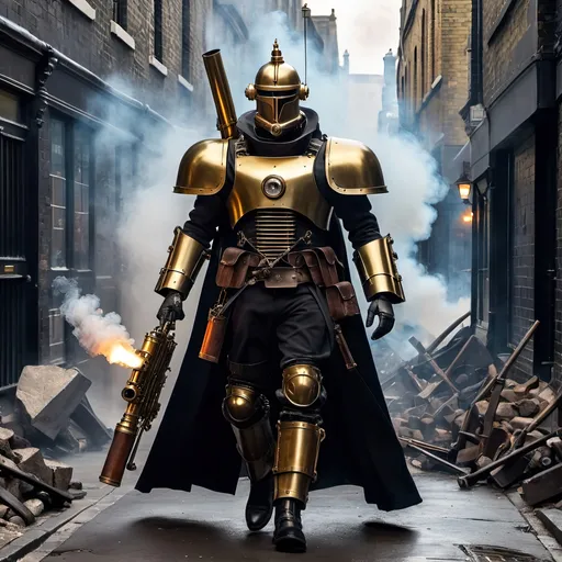 Prompt: Steampunk robot soldier, brass, glass, tubes, wires, clockwork gears, lights, pipes, leather, carrying a Rube Goldberg rifle with six barrels, flowing black cape, black leather boots, walking through a London alley filled with rubble wreckage smoke and fires, retro sci-fi, military, battle, cinematic, 8K, intricate details, highly detailed backdrop, daylight.