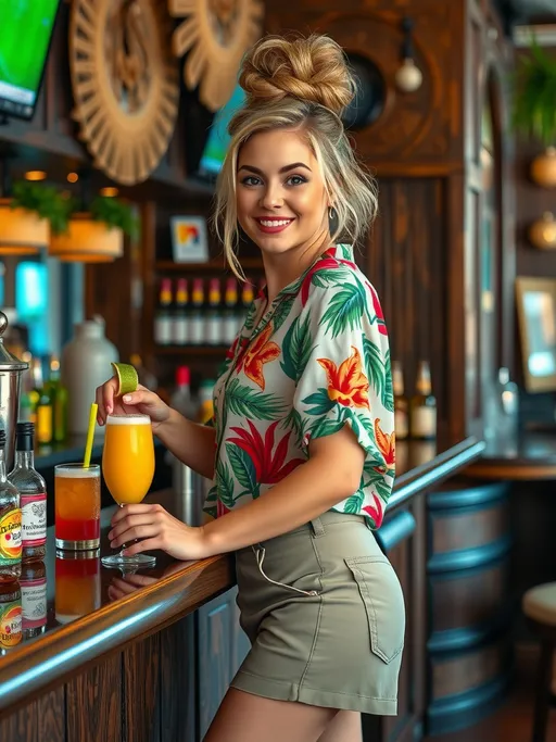 Prompt: Beautiful bartender girl, age 25, short golden-blonde updo style hair, (vibrant green downturned eyes), (plump heart face), (arched eyebrows), (sharp upturned nose), square chin, (rosy makeup), (curvaceous figure), wearing colorful tropical print blouse, khaki city shorts, sneakers, standing at the counter mixing tropical drinks, pro lighting, high-res, pro photo, happy expression, dynamic atmosphere, tiki bar, dark woods and brass details, spotlight her classically beautiful face.