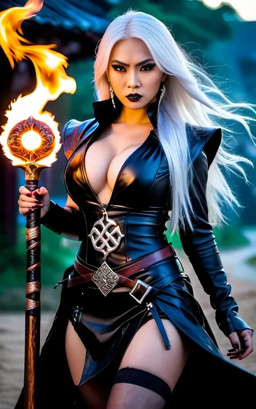 Prompt: Angry intense Asian sorceress, flowing white hair, curvy figure, holding a flaming sword, magic runic staff with glowing crystal tip, wearing all black leather duster, vest, miniskirt, boots, dark gothic makeup, night village setting, intricate face, 8k photo, high detail, buxom physique, fantasy, gothic, intense expression, detailed eyes, dramatic lighting