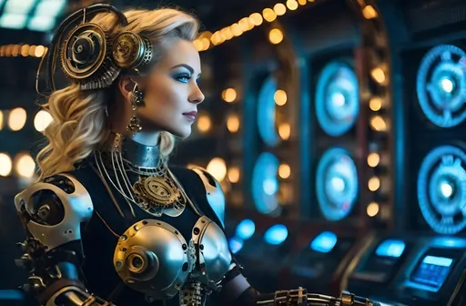 Prompt: 8K photo, cinematic, retro sci-fi, steampunk cyborg woman|robot with ((human head and mechanical robot body)), machine arms with exposed wires and gears, electric heart, beautiful face, blue eyes, blonde hair, clockwork gears, brass, glass, wires, top hat, standing in a steampunk control room, gauges, buttons, levers, high detail.